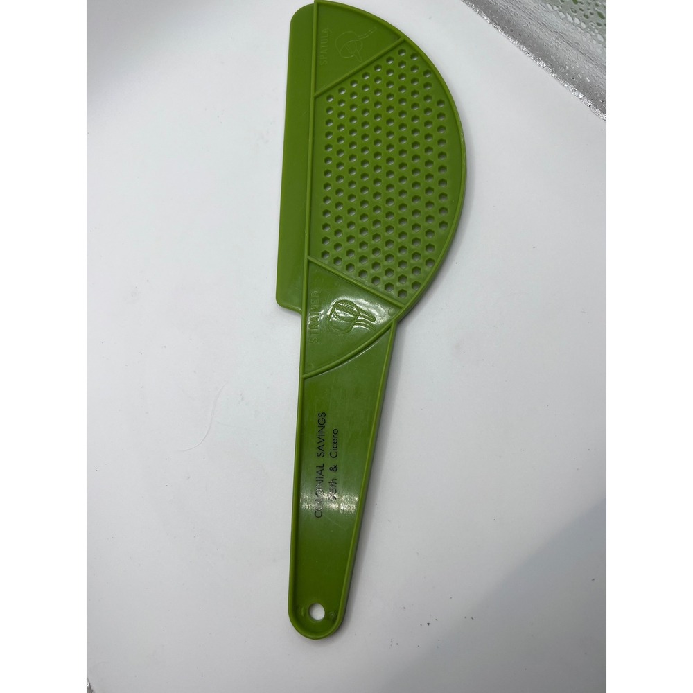 Vintage Avocado Green Plastic Strainer Spatula Tool Advertising Banking Chicago